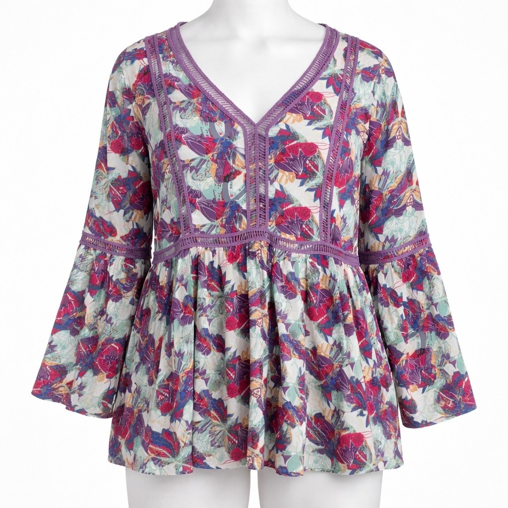 Avenue Womens‎ Plus Size 22/24 Boho Floral Bell Sleeve Crochet Trim Top NWT